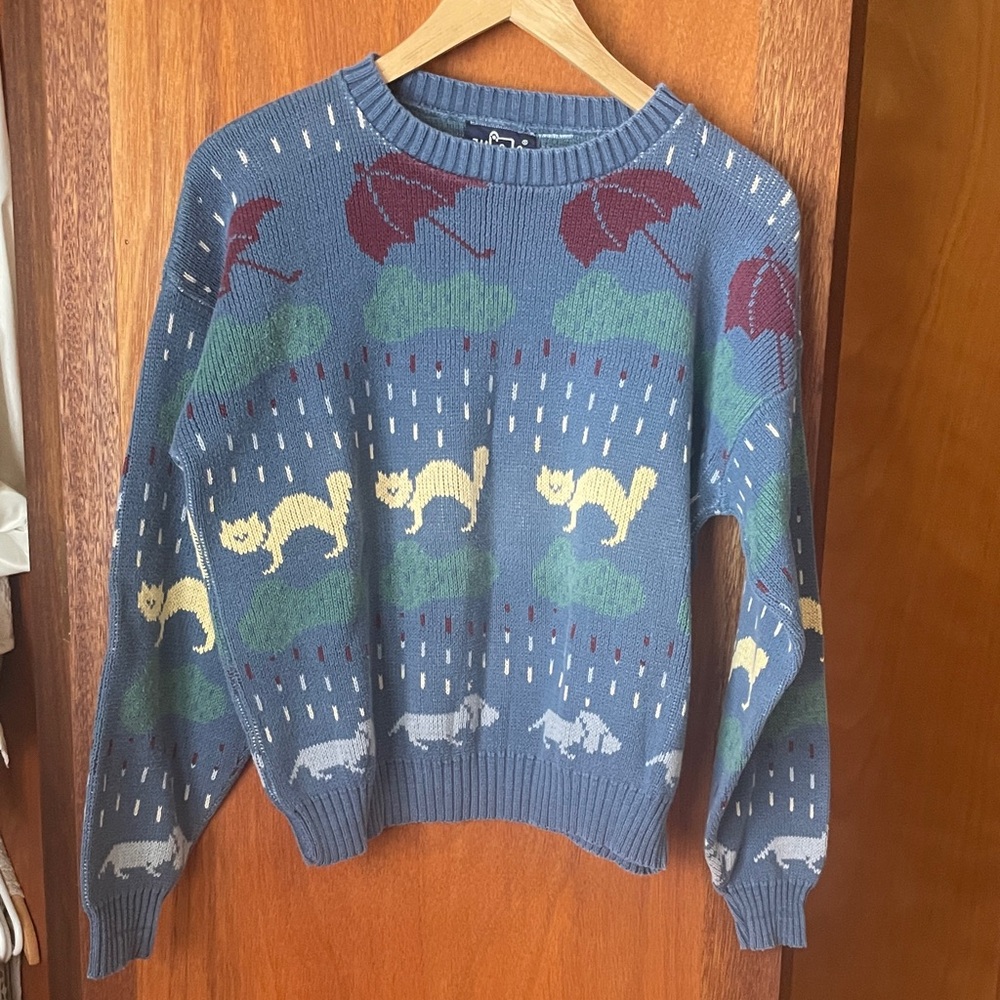 Vintage 80s Woolrich “Raining Cats & Dogs” Sweater S-M